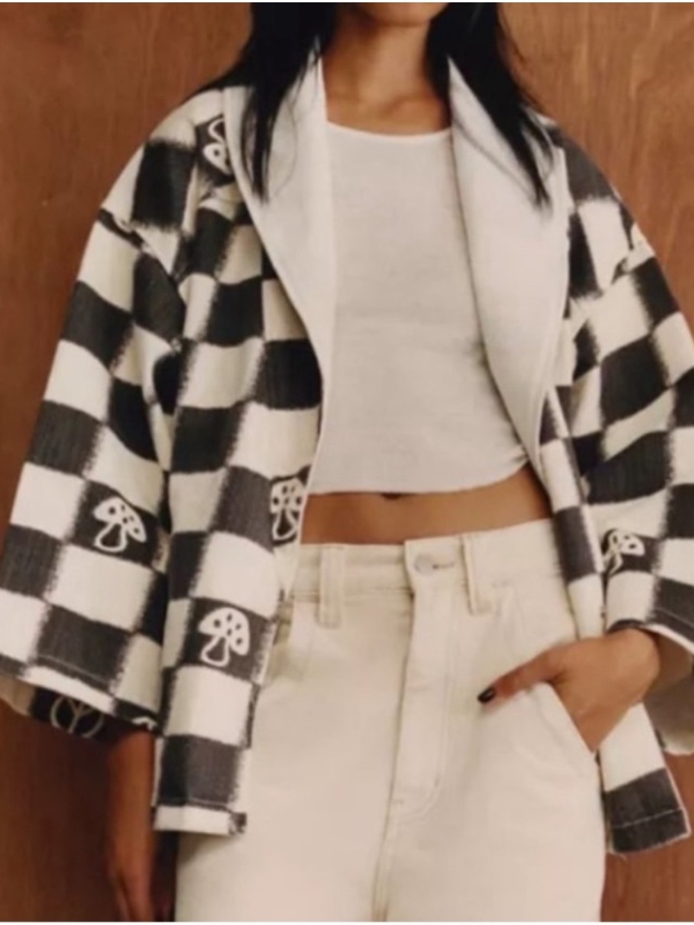 White Black Checkered Jacket Peace Sign Mushroom Hippie Festival Rave Boho XS S